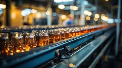 Obraz premium Glass jars filled with liquid travel down a metal conveyor belt in a factory setting.