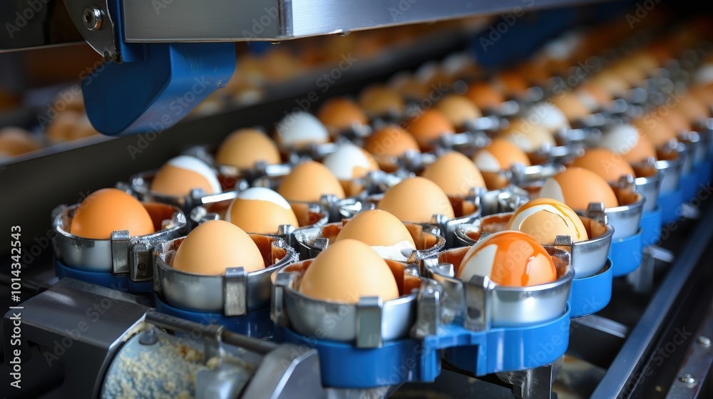 Poster a close-up view of a conveyor belt carrying fresh eggs through a modern processing plant, showcasing