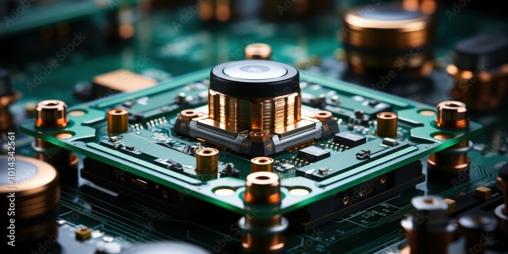 Poster A detailed closeup of a circuit board featuring a small copper and black sensor with intricate wiring and solder points, highlighting the complexity of modern electronics.