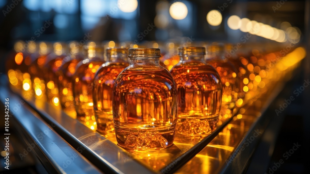 Poster a row of glass bottles filled with golden liquid on a conveyor belt in a factory setting