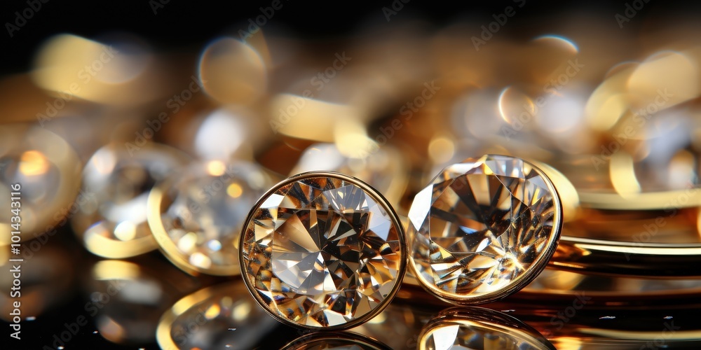 Poster A close-up view of two sparkling diamonds resting on a golden surface, surrounded by a bokeh background of blurred light and other gems, creating an image of luxury and opulence.