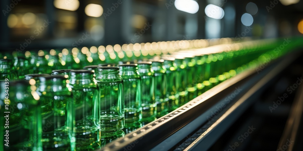Poster a conveyor belt filled with rows of empty green glass bottles, ready to be filled and labeled for di