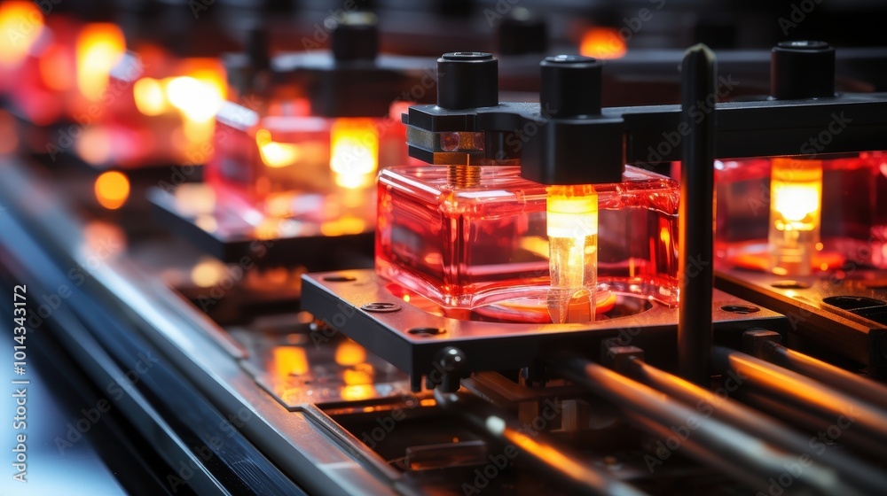 Poster A close-up view of a manufacturing line showcasing a row of glowing red objects in a sterile environment, highlighting the precision and automation of modern production processes.