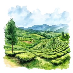 Watercolor Painting of Lush Green Tea Plantation in the Hills.
