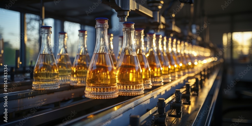 Poster Bottles of golden liquid move along a conveyor belt towards the setting sun, symbolizing the automation of production and the cycle of manufacturing