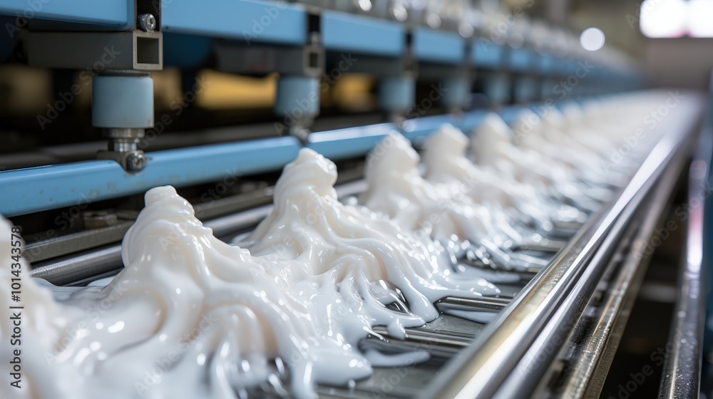 Poster a close-up view of white, viscous substance flowing on a conveyor belt in a factory setting.