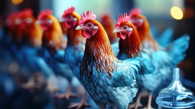 A close-up of a vibrant blue and red rooster with its feathers ruffled, standing with its head held high, while other roosters are out of focus in the background.