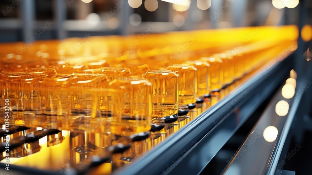 Poster A Close-up of a Conveyor Belt with Rows of Shiny, Orange Containers in a Factory Setting