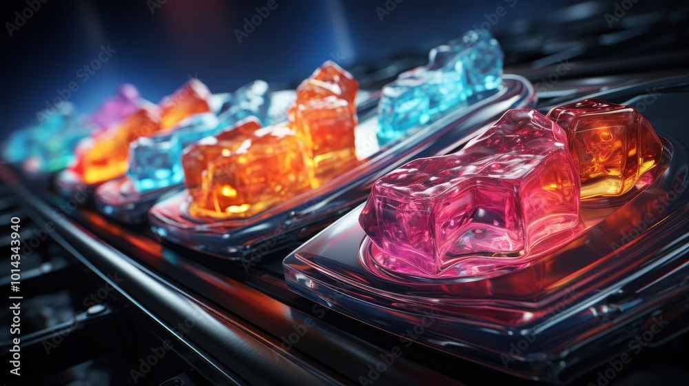 Poster A close-up view of a row of colorful translucent objects, with a focus on a single bright pink object, highlighting the intricate details of its surface and the reflections of the surrounding light.