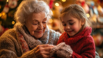 A joyful grandmother and her granddaughter are smiling together, surrounded by Christmas gifts, capturing the warmth and love of family during the winter season