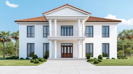 Fototapeta premium Luxury White Mansion with Columns and Palm Trees
