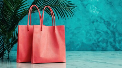 Pink Shopping Bags Mockup on Turquoise Background with Palm Leaves
