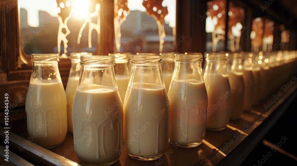 Poster a row of milk bottles on a shelf, bathed in the warm glow of the setting sun, creating a picturesque