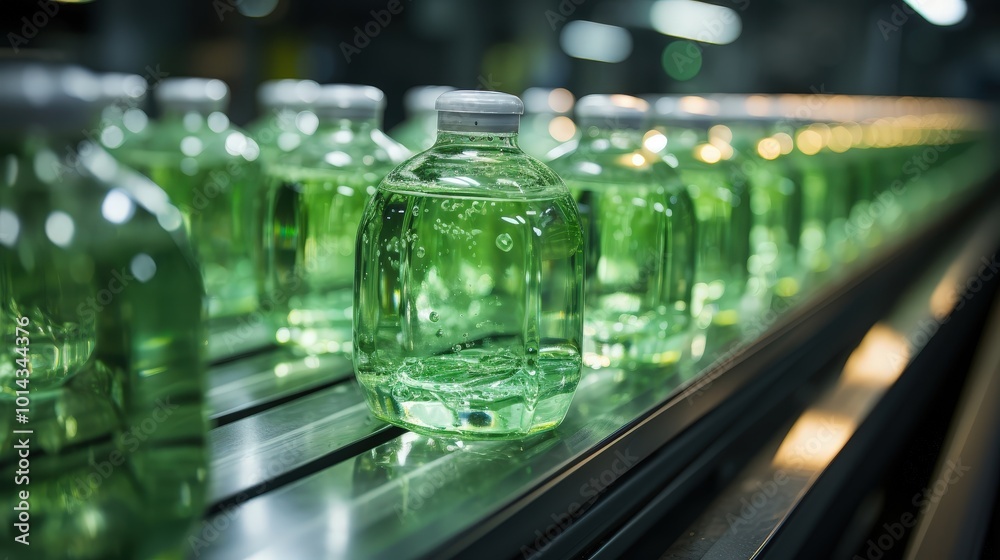 Poster a row of green glass bottles with white lids moving along a conveyor belt in a factory setting.