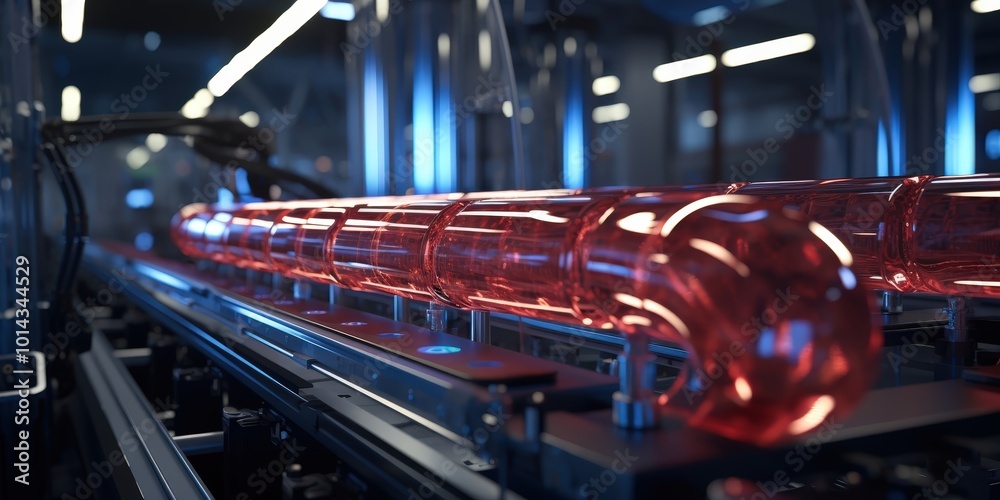 Aufkleber A Row of Transparent Red Cylinders Moving Along a Conveyor Belt in a Factory Setting