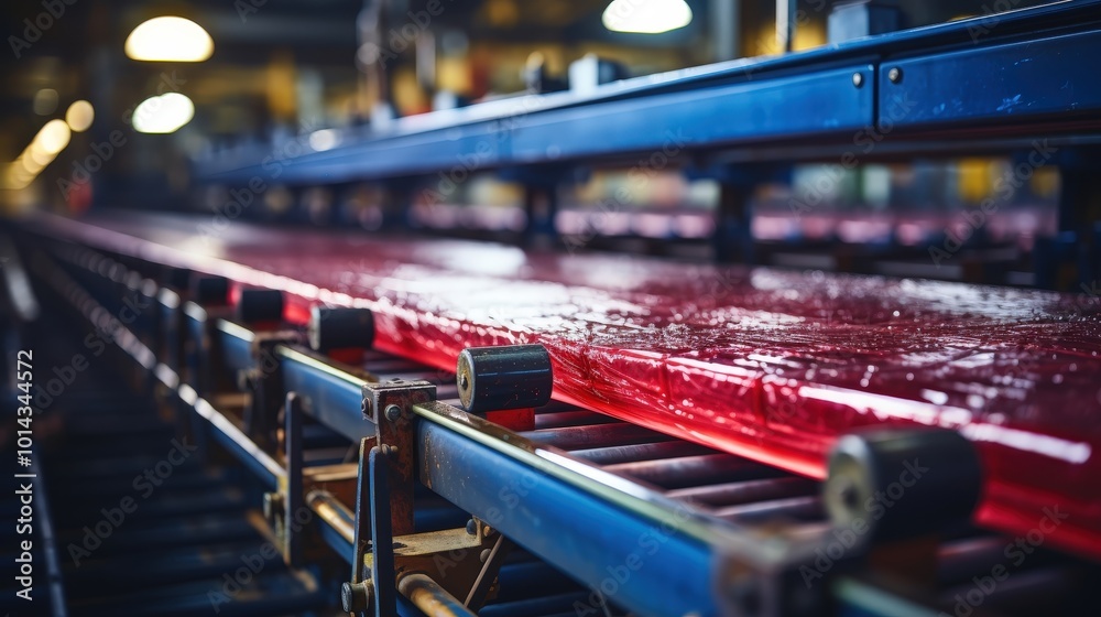 Aufkleber a close-up view of a red-hot metal sheet traveling on a conveyor belt in a factory setting