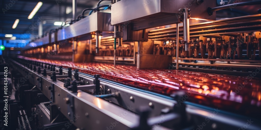 Poster A close-up view of a red liquid flowing through a production line, showcasing the intricate machinery and complex processes involved in manufacturing