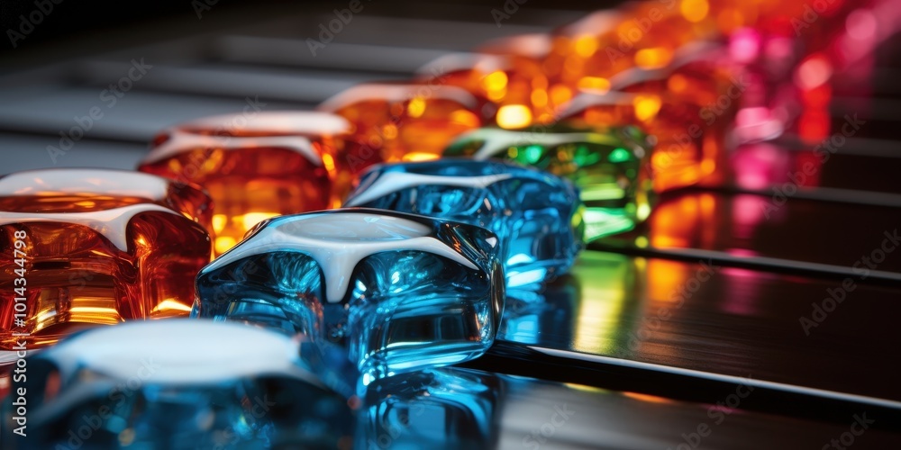 Poster A row of vibrant glass objects arranged in a gradient of color, illuminated from behind, casting a soft glow on the reflective surface they rest on.
