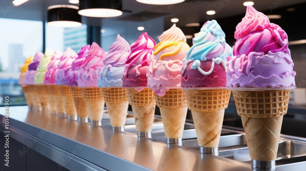 Poster a row of brightly colored ice cream cones, each with a unique swirl design, sits on a polished metal