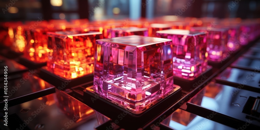 Poster a row of glowing, translucent, prismatic blocks arranged in a grid, each emitting a vibrant, warm li
