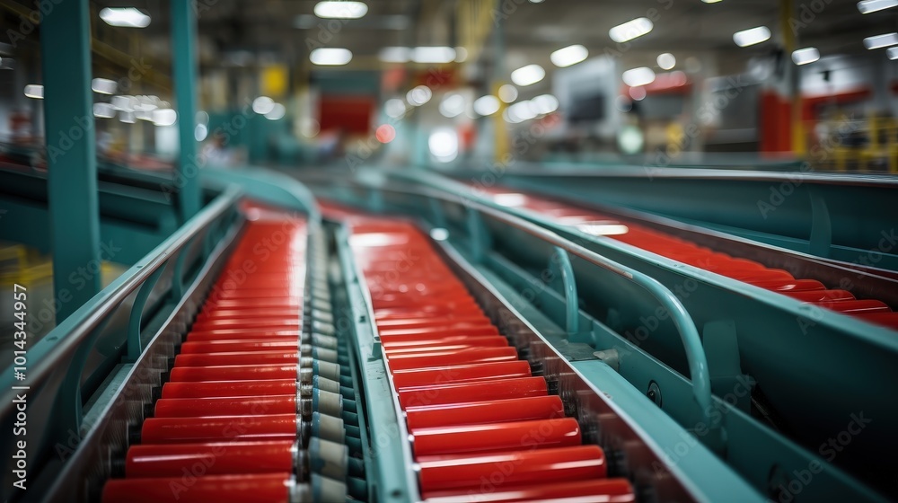 Poster a close-up view of a conveyor belt system in a factory, with red rollers moving along a teal metal f