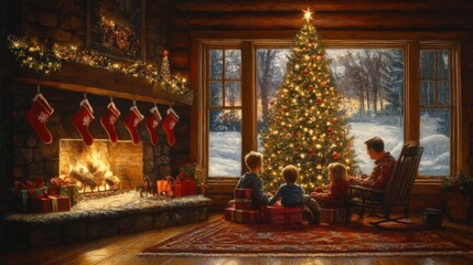 Obraz premium A family relaxing by the fireplace, with stockings hung and a glowing holiday tree in the background