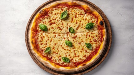 Delicious Quattro Formaggi Pizza on Wooden Tray with Basil Garnish