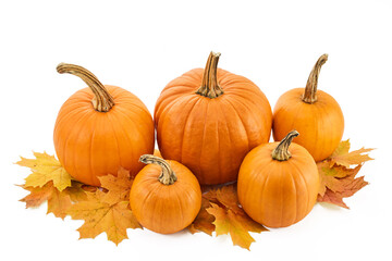 Five pumpkins with autumn leaves on a white background .
