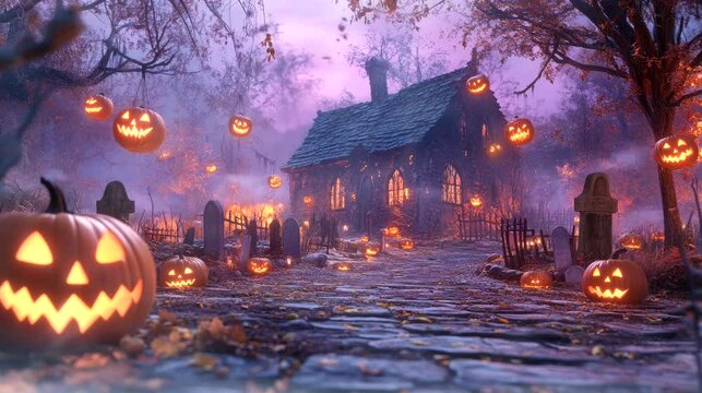 Halloween scene with pumpkins and haunted house with flying bats. Seamless looping time-lapse virtual 4k video animation background