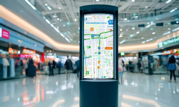 Mall interior with digital vertical screens to enhance shopping experience