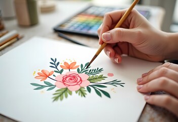 Young girl painting still life with flowers, purple lilies, with watercolor paints on the easel at home
