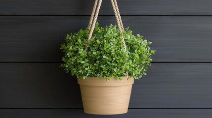 Hanging Potted Plant on Dark Wood Wall  Green Greenery  Home Decor