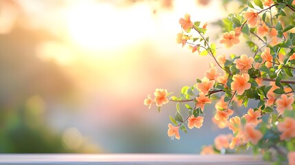 Fototapeta premium A soft-focus image of blooming flowers against a warm, sunlit background, evoking a serene and tranquil atmosphere.