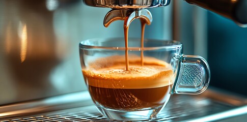 Espresso pouring into a glass cup.