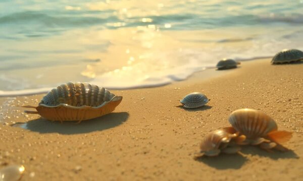 Beach sand with waves and shells or hermit crabs 
