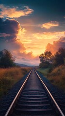 Obraz premium Railroad tracks leading into sunset with dramatic sky, nature and tranquility concept