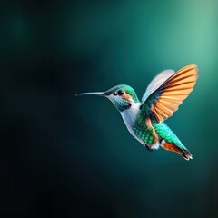 Fototapeta premium A stunning hummingbird captured in mid-flight, showcasing vibrant feathers and graceful motion against a soft green background. Perfect for nature enthusiasts.