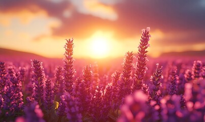 Lavender fields bathed in the warm glow of a golden sunset 