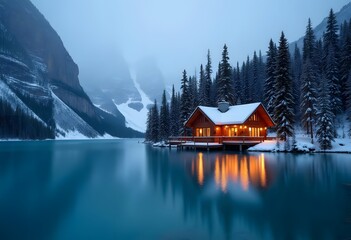 Fototapeta premium Blue hour shot at Emerald Lake, Yoho National Park in dreamy winter wonderworld 