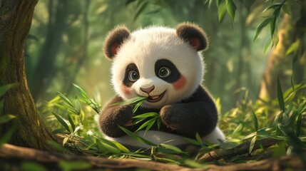 Obraz premium Cute Panda Eating Bamboo
