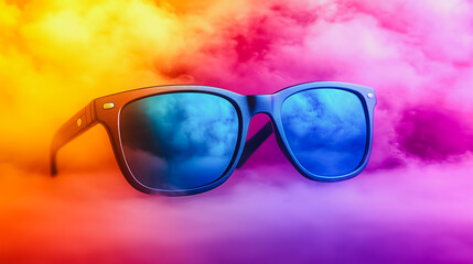 A pair of sunglasses is reflected in the sky. The sky is a mix of colors, including blue, purple, and yellow. The sunglasses are positioned in the middle of the sky