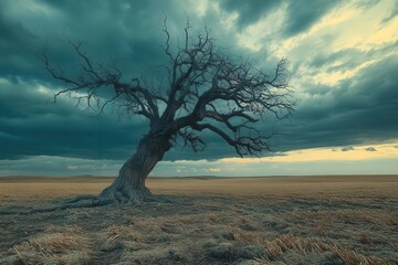 An old, withered tree standing alone in a vast empty field, endurance, loneliness over time