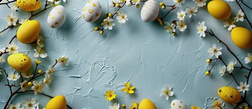 Happy Easter banner with egg and bunny design.