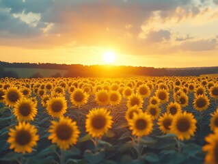 Obraz premium Golden sunflowers blooming in a field at sunset.