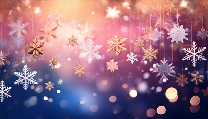 Fototapeta premium Golden snowflakes and soft light particles gently cascade down on a gradient navy to pink background, creating a magical winter wonderland feel. A soft bokeh effect adds depth, making the scene feel w