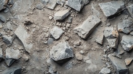 Fototapeta premium Close-up of construction site debris, showcasing crushed stones, broken concrete, and dust.