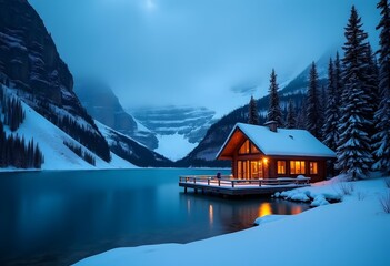 Fototapeta premium Blue hour shot at Emerald Lake, Yoho National Park in dreamy winter wonderworld 