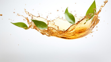 A splash of tea with green leaves.