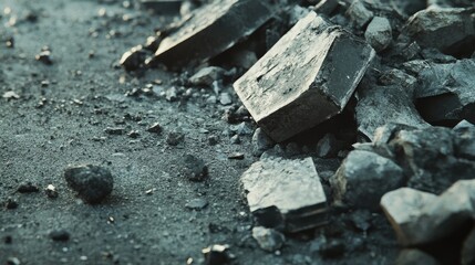 Detailed shot of broken construction materials, with sharp edges and fine dust scattered on the ground.
