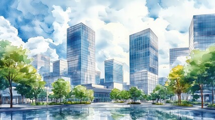 Obraz premium Corporate headquarters, clean minimalist architecture, thriving business district, watercolor style
